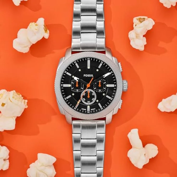 Fossil Machine Uhr für Herren, Chronograph mit 44 mm Edelstahlgehäuse, schwarzem Zifferblatt und silbernem Edelstahlarmband, wasserdicht bis 50 m – Bild 3