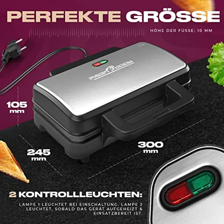 ProfiCook PC-ST 1092 Sandwichtoaster, extra große Sandwichplatten für amerikanische XXL-Toastscheiben, Edelstahleinlage, Antihaftbeschichtung, 2 Kontrolleuchten – Bild 6