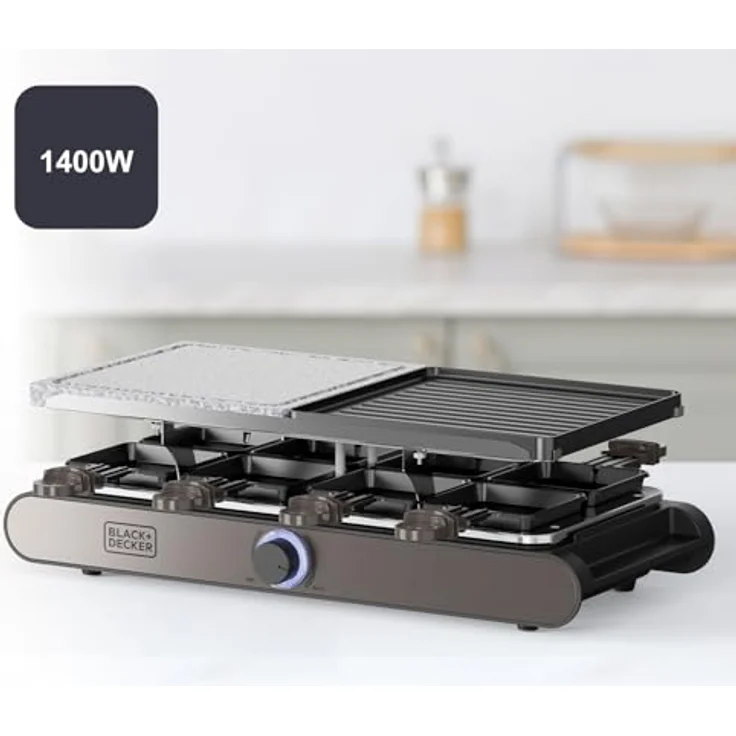 Black+Decker Raclette-Grill für 8 Personen, 1400 W, 21 x 21 cm Platten, umkehrbare und antihaftbeschichtete Platte, Naturstein, Zubehör inklusive, PFOA-frei – Bild 2