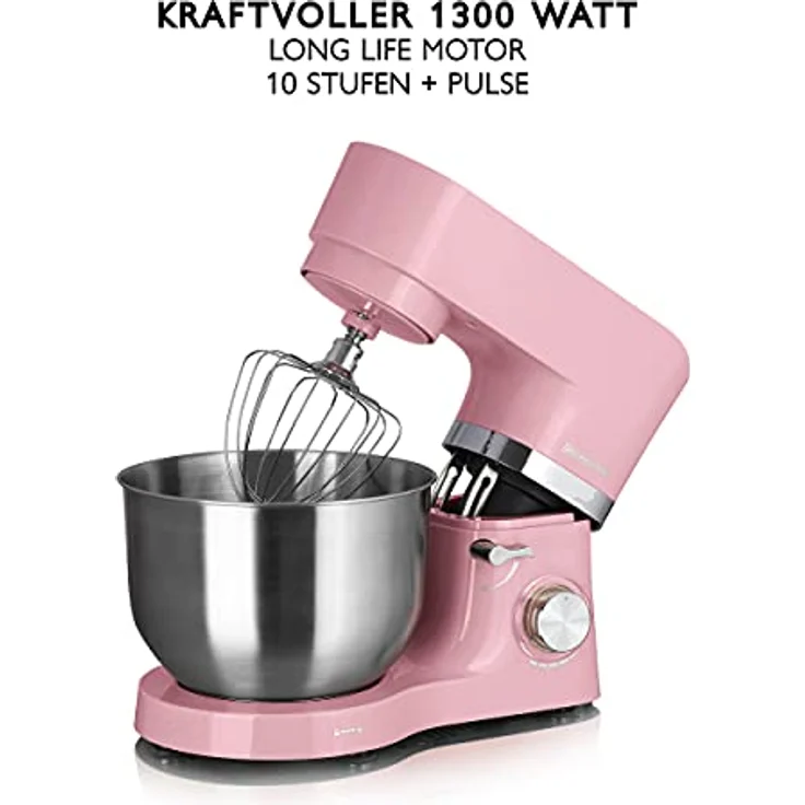HEINRICHS Küchenmaschine Knetmaschine Teigmaschine 1300W.Küchengerät Rührbesen Knethaken Schneebesen Spritzschutz 10 einstellbare Geschwindigkeiten XL 6,2L Edelstahlschüssel geräuscharm (Rosa) – Bild 2