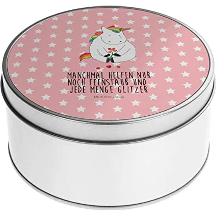 Mr. & Mrs. Panda Blechdose rund Einhorn Traurig - Rot Pastell Lunchbox mit Deckel, Einhorn Deko, Metallkiste - Geschenkidee