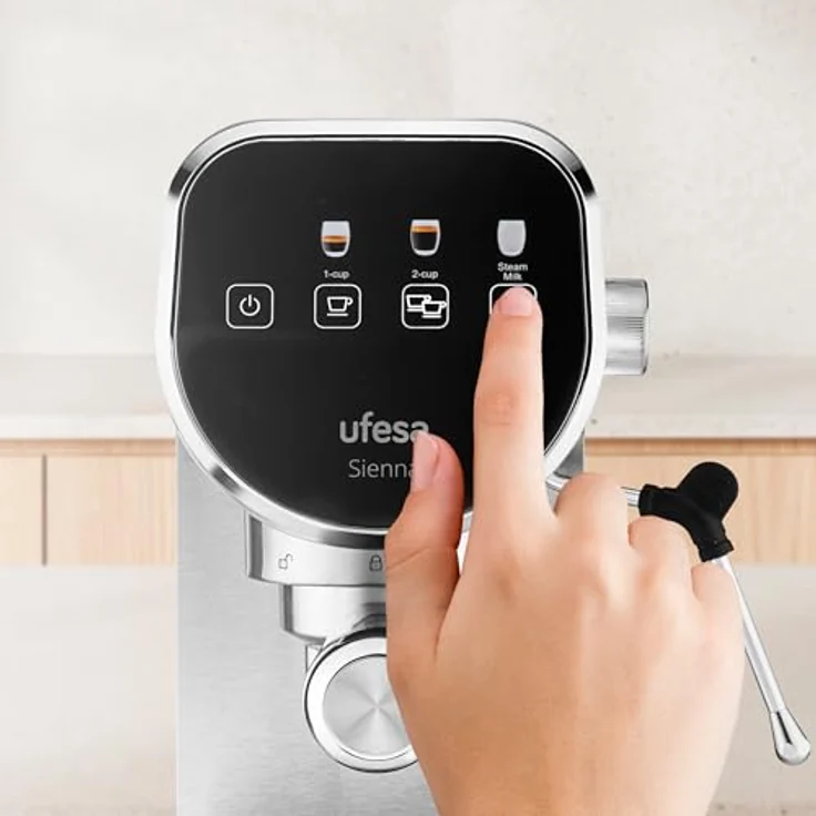 Ufesa Sienna, Siebträgermaschine mit 20 Bar Druck, 1360 Watt, Silber und Schwarz, inkl. digitalem Touch-Panel und abnehmbaren Wassertank – Bild 3
