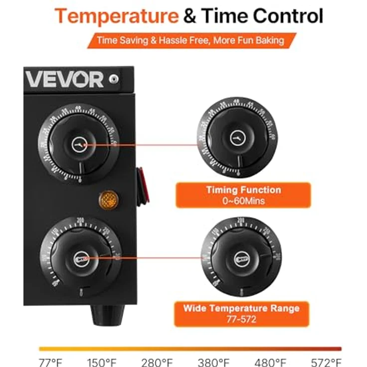 VEVOR elektrischer Pizzaofen PSL-12-EU, 30 cm Tischpizzaofen mit Temperaturregelung 25-300 °C, 1450 W, zwei Heizrohren und Grillrost für Küche und Gastronomie – Bild 4