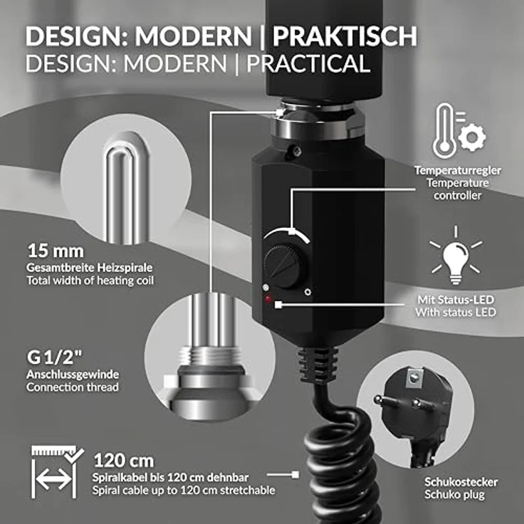 LuxeBath Heizstab 300W Schwarz, Heizpatrone mit Thermostat und Frostschutz-Funktion, IP 44 für Badheizkörper – Bild 5