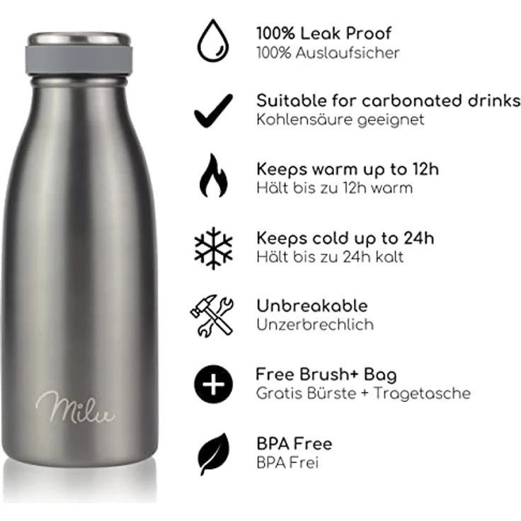 Milu Edelstahl Trinkflasche 350ml – Auslaufsichere Thermosflasche für Kinder und Erwachsene, ideal für kohlensäurehaltige Getränke, Grau – Bild 2