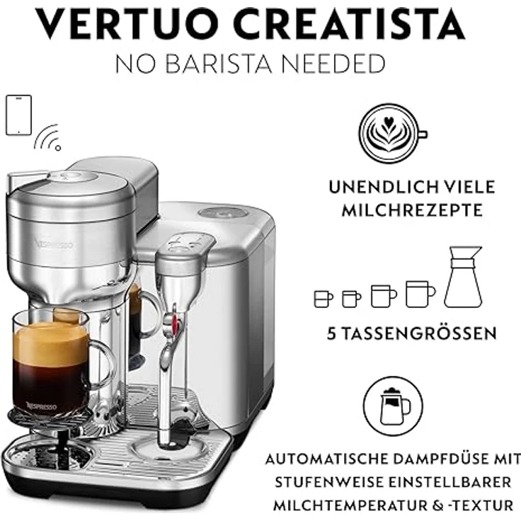Nespresso Kapselmaschine SVE850 the Vertuo Creatista, Edelstahldesign mit integriertem Milchaufschäumer – Bild 2