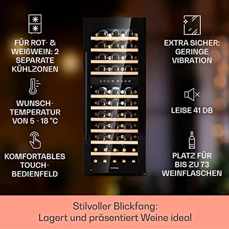 Klarstein Barossa 73 Duo Weinkühlschrank, freistehend, schwarz, 73 Flaschen, 2 Temperaturzonen, Touch-Display, Energieklasse G – Bild 3