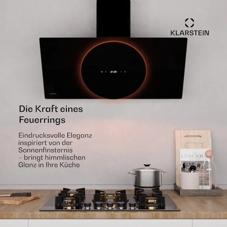 Klarstein Total Eclipse Dunstabzugshaube - 90 cm Kopffreihaube, 600 m³/h, Touch-Steuerung, Energieeffizienz A, LED-Beleuchtung 3000 K-6500 K, Schwarz, Abluft & Umluft – Bild 2