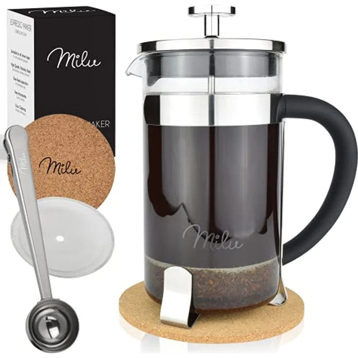 Milu French Press Kaffeebereiter | 350ml, 600ml, 1L | Glas Kaffeepresse, Kaffeezubereiter für Zuhause Reisen Camping inkl. Untersetzer, Löffel, Ersatzfilter (Edelstahl, 600ml (3 Tassen) – Bild 1