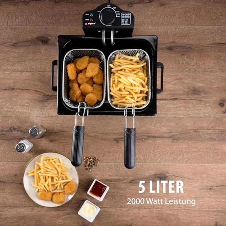 Fritteuse ALPINA, mit Fett, 2000 Watt, 5 Liter Fassungsvermögen, Edelstahl, silber, mit 3 Frittierkörben – Bild 3