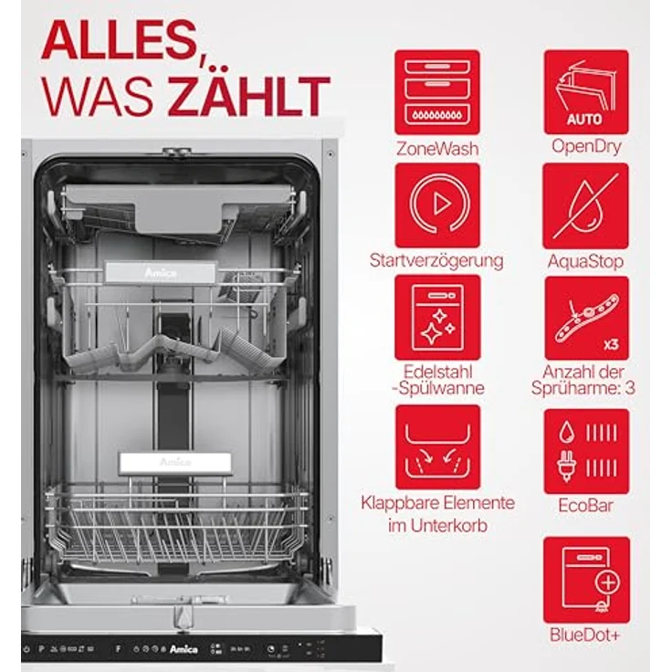 Amica EGSPV 584 900, Vollintegrierter Geschirrspüler 45 cm, 10 Maßgedecke, 8 l, 42 dB (A), Flex Besteckschublade, Aquastopp, 5 Programme – Bild 3