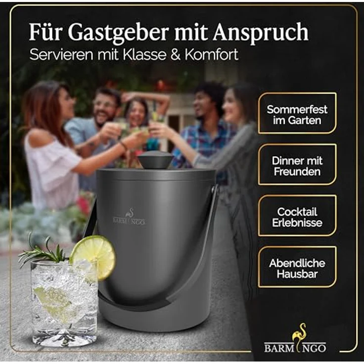BARMINGO Edelstahl Eiswürfelbehälter mit Deckel, 2l doppelwandig isolierter Eiskübel mit Sieb, Eiswürfelform und Zange, BPA-frei, Metallic-Schwarz – Bild 3