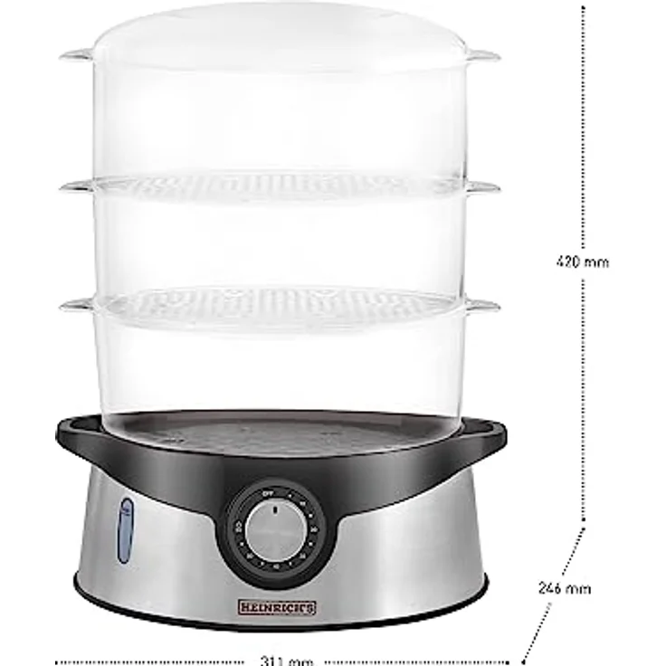 Heinrich´s Dampfgarer HDA 8501, 800,00 W, Dampfkocher, Timerfunktion, 800 Watt, Edelstahl, 3 stapelbare Etagen, 9 Liter Fassungsvermögen, BPA-frei – Bild 3