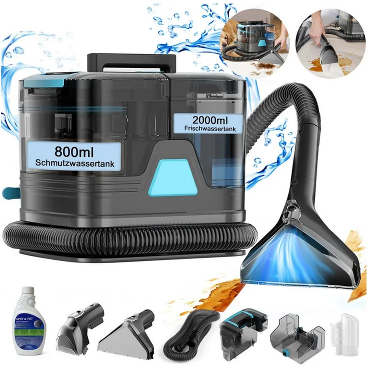 Grenintol C8 Teppichreinigungsgerät, 30KPA Waschsauger mit Trenntank-System, 400 W, tragbar, 1,5 m Schlauch, 5 m Stromkabel, 2000 ml Frischwasser, 800 ml Abwasser