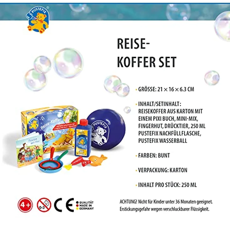 Pustefix Reisekoffer Set I Seifenblasen-Set + original Pixi Buch + Wasserball I Bunte Rainbow Bubbles Made in Germany I Seifenblasen für Kinder & Erwachsene I 250 ml – Bild 4