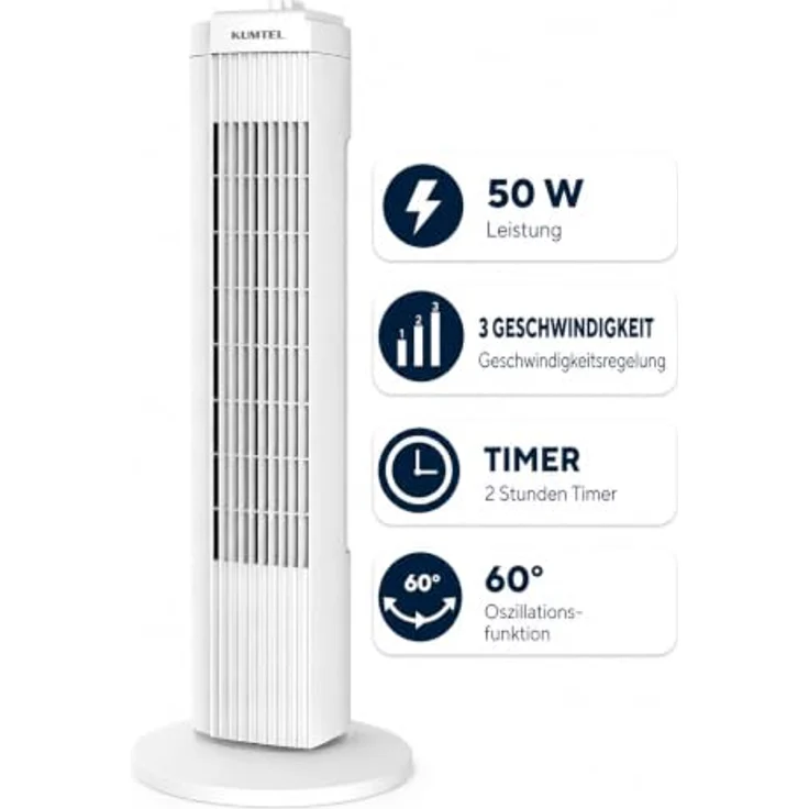 KUMTEL KTF-258W Standventilator, 70 cm Durchmesser, 60° Oszillation, 3 Geschwindigkeitsstufen, 2-Stunden-Timer, maximale Höhe 71 cm, weiß – Bild 4
