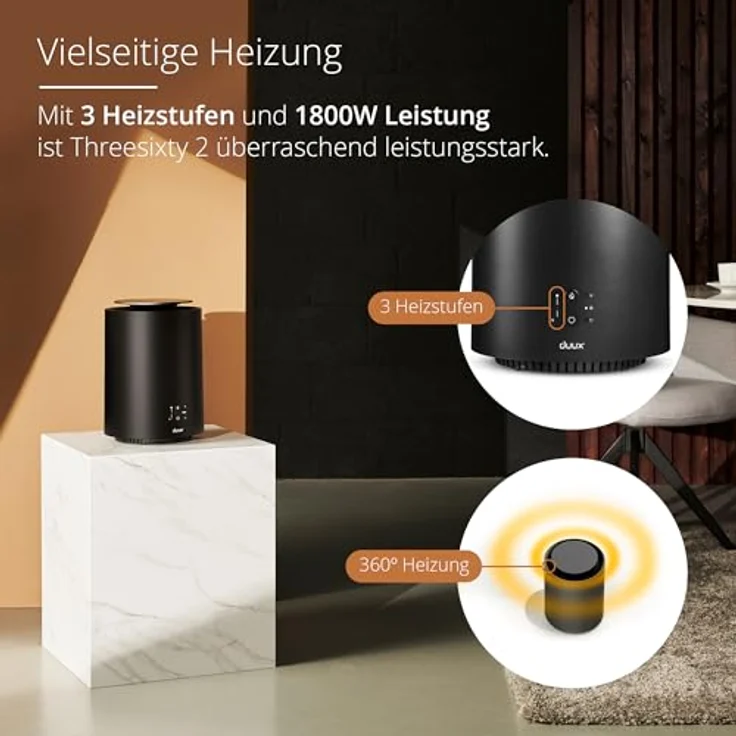Duux Threesixty 2 Smart Keramik Heizlüfter Schwarz - 1800 Watt & 3 Stufen - 360° Elektrische Heizung - Leise & Energiesparend – Bild 4