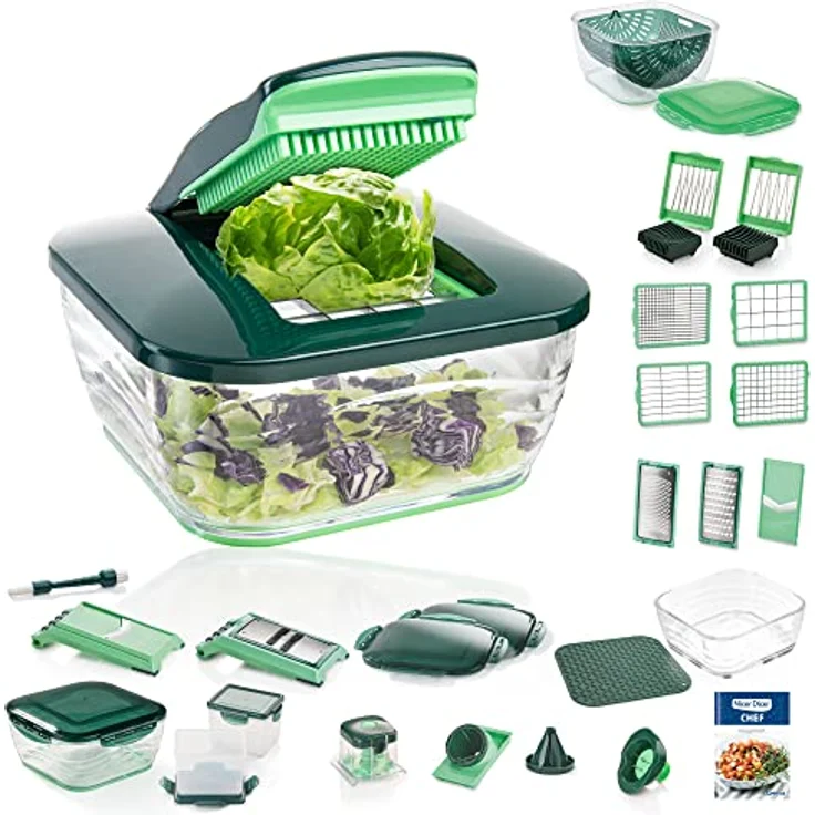 Genius Nicer Dicer Chef Deluxe XXL 37-teilig mit Glasschüssel-Set, Tomaten-Gemüse-Schneider & 3in1 Siebschüssel - Zerkleinerer Zwiebelschneider Pommesschneider, Grün – Bild 1
