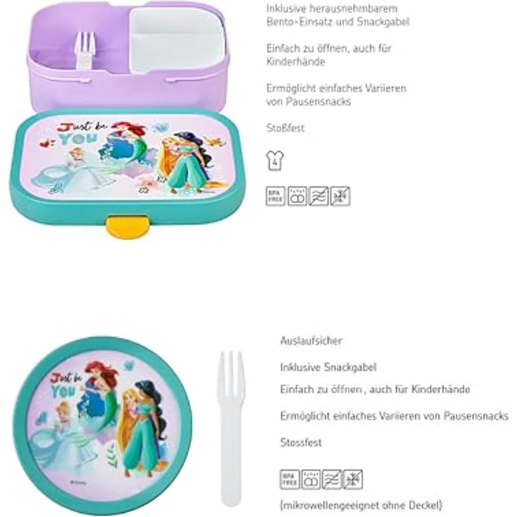 Mepal Kinder Obst- und Bento Box Campus meets Fruits | Spülmaschinenfest & BPA-frei | 300 & 750 ml | Mit Fächern, Gabel & Clip-Verschluss | Disney Princess – Bild 2