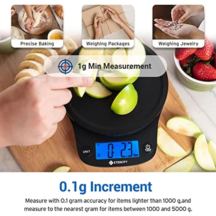 Etekcity Digitale Küchenwaage, Professionelle Präzision auf bis zu 0,1g x 5Kg, Feinwaage mit Tare-Funktion, Briefwaage mit LCD-Display, Digitalwaage zum Lebensmittel Schmuck, Schwarz – Bild 2
