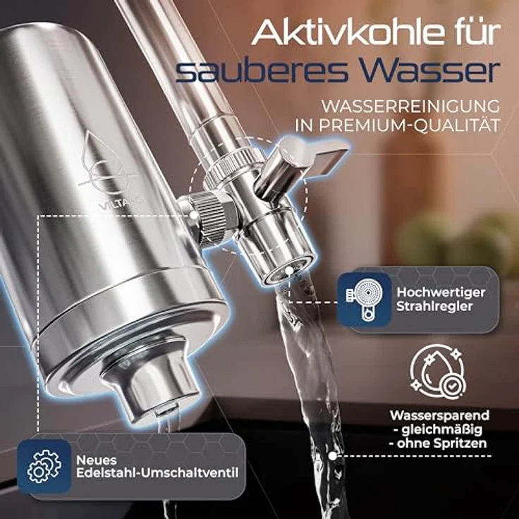 VILTARO Wasserhahnfilter, BPA-frei, Edelstahl, Aktivkohlefilter, 3000 l Kapazität, 2 Cent/l – Bild 2