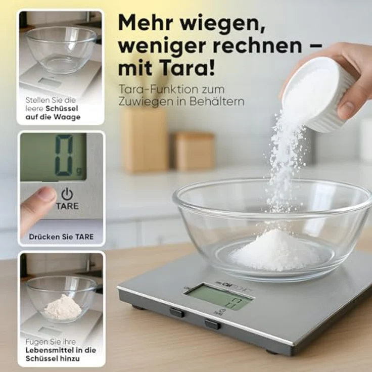 Clatronic KW 3821, digitale Küchenwaage aus Edelstahl mit 1g Schritten bis 5kg, Cup-Angabe, Tara-Funktion, extra flach für Trend-Rezepte – Bild 4