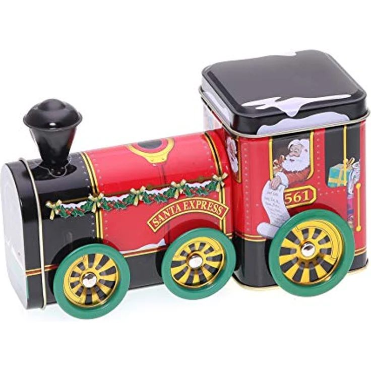 POWERHAUS24 Santa Express, weihnachtliche Lokomotive mit drehbaren Rädern, Keks-, Geschenk-, Blechdose Vol. 0,6l inkl. PH24 Backrezept, rot – Bild 1