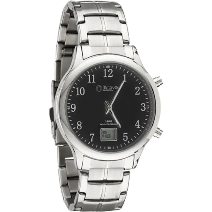 Miraval Funk-Armbanduhr Edelstahl 41 mm, Japanisches Quarzuhrwerk, DCF77 Funksignal, Digitale & Analoge Anzeige, Datumsanzeige, 20 mm Armband