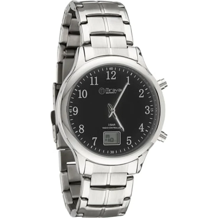Miraval Funk-Armbanduhr Edelstahl 41 mm, Japanisches Quarzuhrwerk, DCF77 Funksignal, Digitale & Analoge Anzeige, Datumsanzeige, 20 mm Armband – Bild 1
