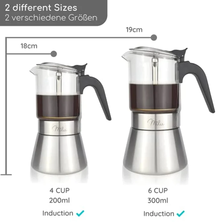 Milu Espressokocher Induktion geeignet | Edelstahl Glas Mokkakanne, Espressokanne, Espresso Maker Set inkl. Untersetzer, Löffel, Bürste 200ml – Bild 5