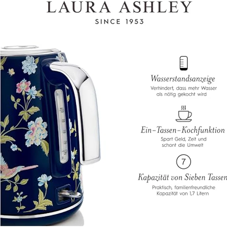 VQ Laura Ashley Elveden Navy, Kabelloser Edelstahl-Wasserkocher 1,7 Liter mit 2,2 kW Schnellkochtechnologie und Überhitzungsschutz – Bild 5