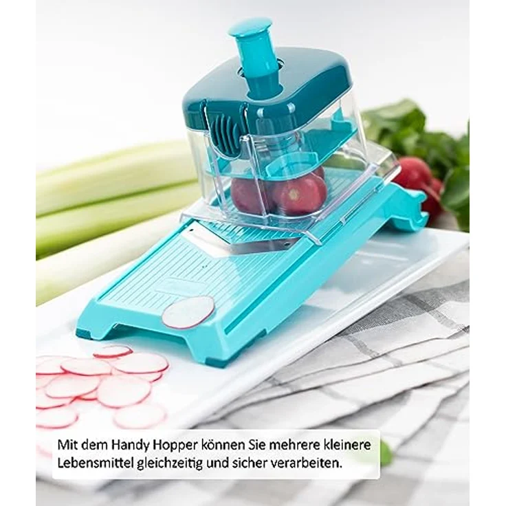 Nicer Dicer Chef Professional Verstellbarer Gemüsehobel | Set 2-tlg. - Schneidehobel, Scheibenschneider, mit Handy Hopper, inkl. Schutzabdeckung, V-Klinge – Bild 2