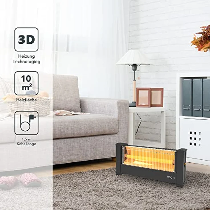 ICQN Infrarot Standheizstrahler | Für Räume bis 16m² | 900 W | IP20 | Elektroheizung | 1,5 Meter Kabelzuleitung | Heater für Büro oder Haus | Infrarotheizer| IQ.0900.APW, Heizstrahler – Bild 5