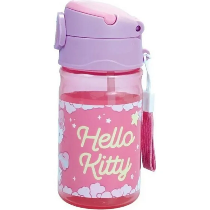Hello Kitty Trinkflasche Unicorn, Kunststoffflasche mit Haken, 350 ml für Alltag und Schule