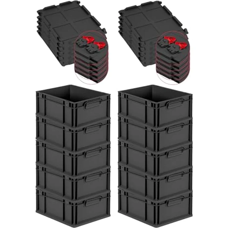 PROREGAL Eurobox NextGen Grip SuperSparSet, 10x Transportbox mit Scharnierdeckel, 16L, Schwarz, HxBxT 17x30x40cm, robuste Griffe, rote Schiebeschnappverschlüsse – Bild 1