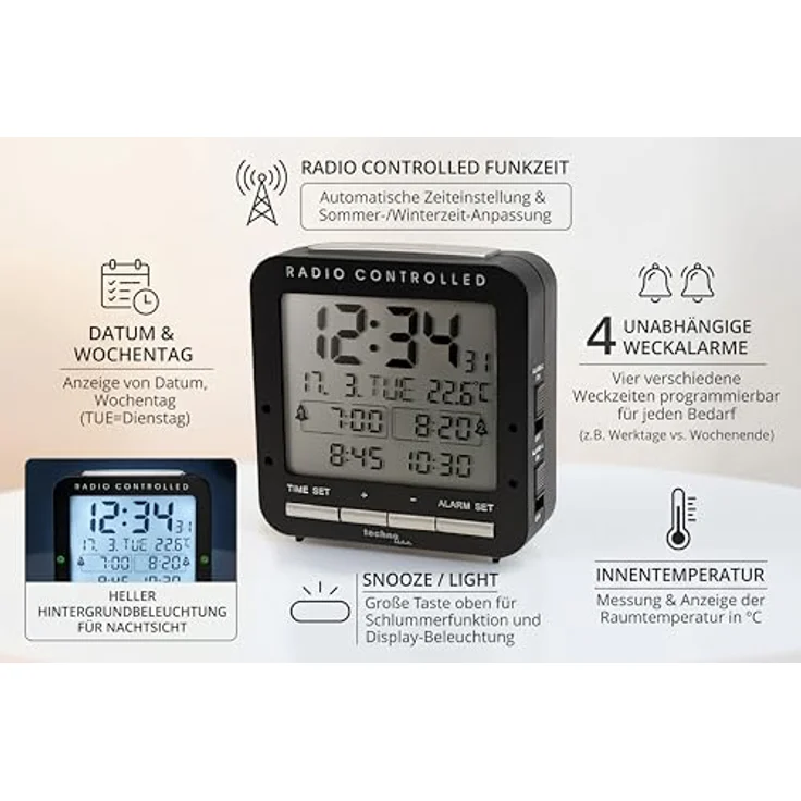 Technoline Funkwecker WT 245, DCF-77 Uhr mit 4 Weckalarmen, Hintergrundbeleuchtung und Innentemperaturanzeige – Bild 3