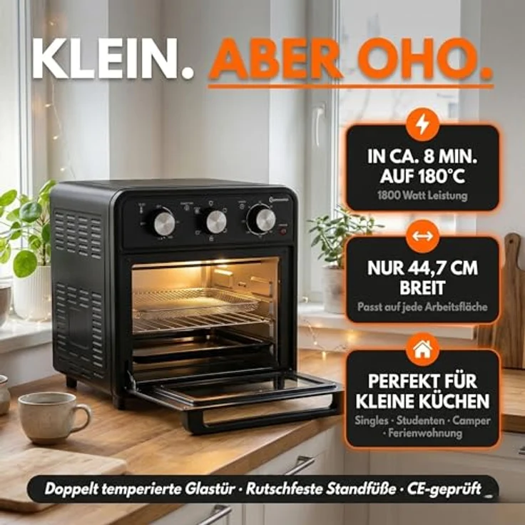 Sommertal Minibackofen 20 Liter, Tischbackofen mit Umluft & Heißluftfritteuse, 1800W, 100–230°C, 60 Min. Timer, inkl. Zubehör – Bild 5