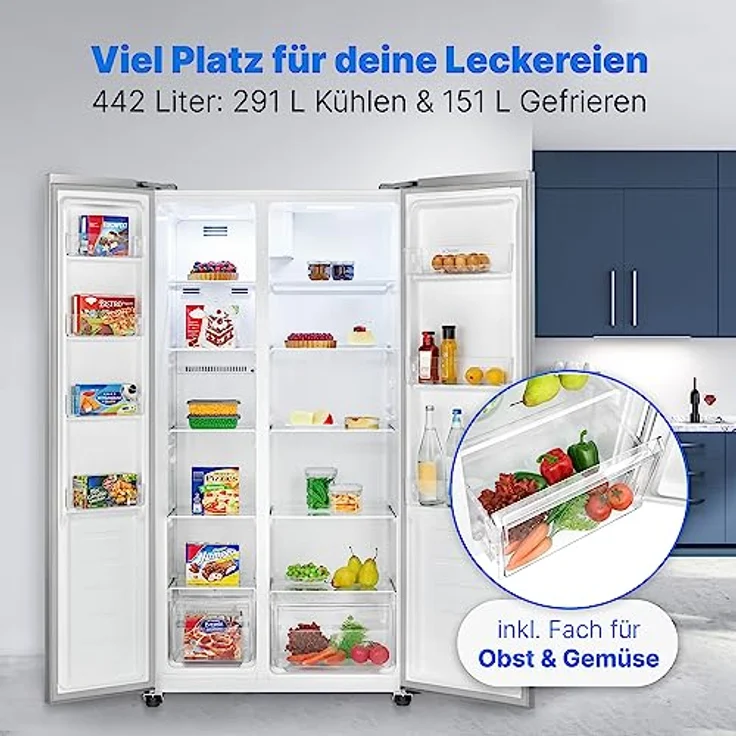 Bomann® Side by Side Kühl Gefrierkombination mit Total No Frost und 442L Nutzinhalt, Kühlschrank Side by Side mit MultiAirflow-Technologie, Verbrauch 287 kWh/Jahr - 177x90x59cm - SBS 7344 inox – Bild 3
