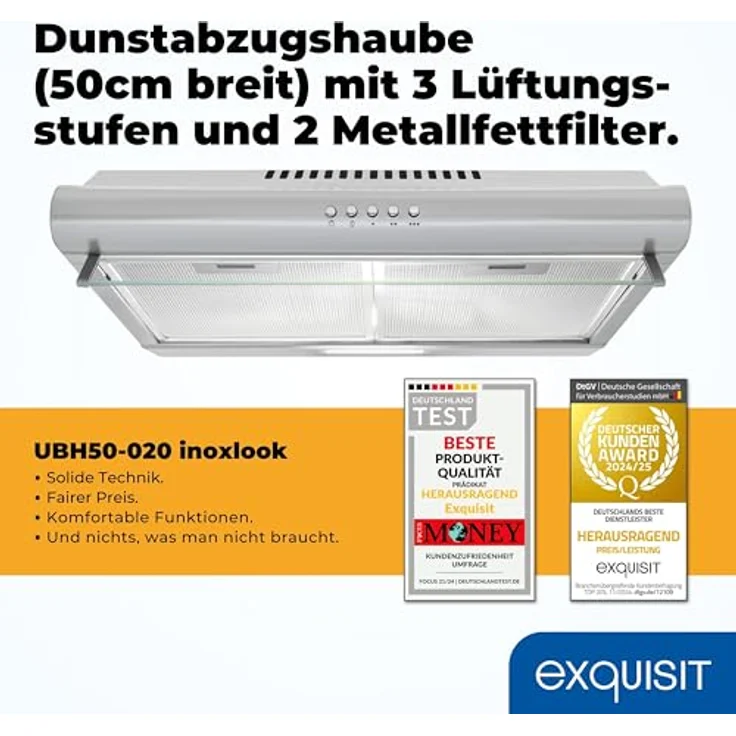 Exquisit UBH50-020 Dunstabzugshaube, 50cm breit, Abluftbetrieb, Edelstahloptik, 3 Lüftungsstufen, Metallfettfilter – Bild 2
