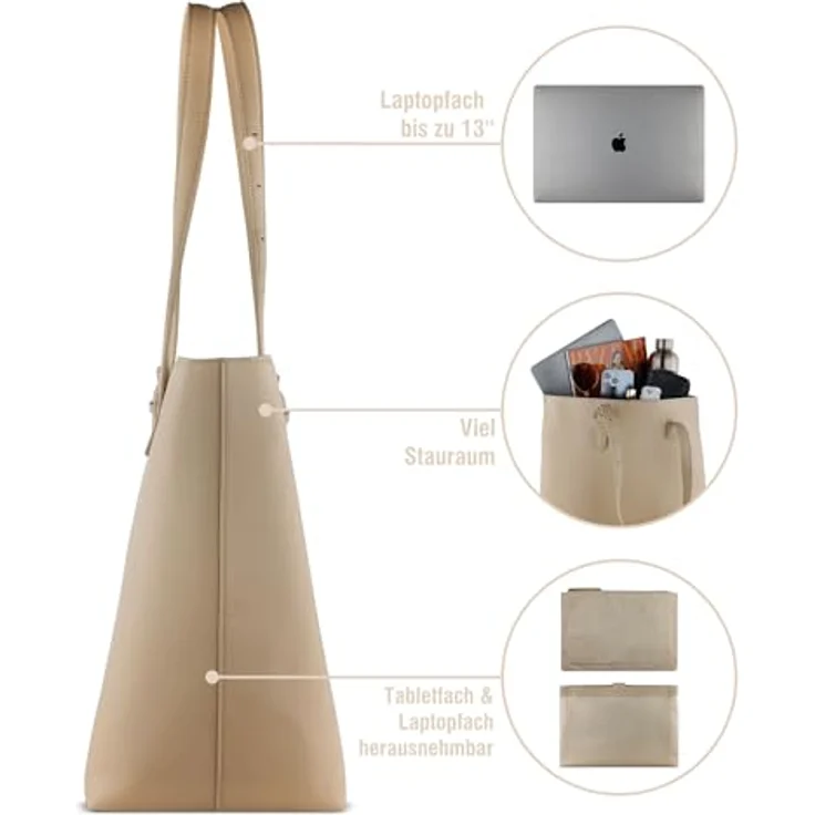 bugatti Luna Shopper Tasche, 35 cm mit Laptopfach, 100% Polyurethan, beige – Bild 2