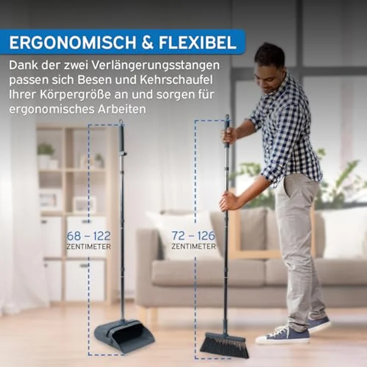 kör4u Besen-Set mit langem Stiel und Kehrschaufel, 180 Grad drehbarer Besenkopf, ergonomisch und platzsparend für Tierhaare und Hartböden – Bild 3