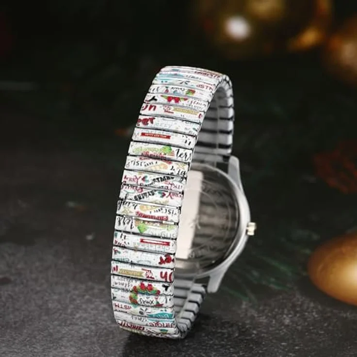 JewelryWe Weihnachtsuhr Damen, Boho Stil mit elastischem Edelstahl Zugarmband, große Ziffern, spritzwassergeschützt, analog Quarz Uhr – Bild 4