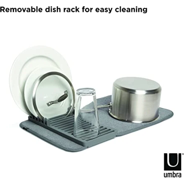 Umbra Udry Mini Geschirr Abtropfgestell und Mikrofaser Abtropfmatte – Faltbar, Platzsparend und Leicht Verstaubar, 50 x 33 cm, Dunkelgrau – Bild 4