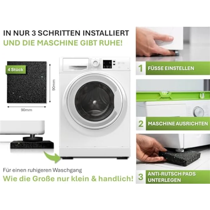 CLARE Premium Schwingungsdämpfer, Antivibrationsmatte für Waschmaschinen und Geräte, 4 Stück Gummipads 10mm, grau, wasserbeständig, TÜV-geprüft – Bild 3