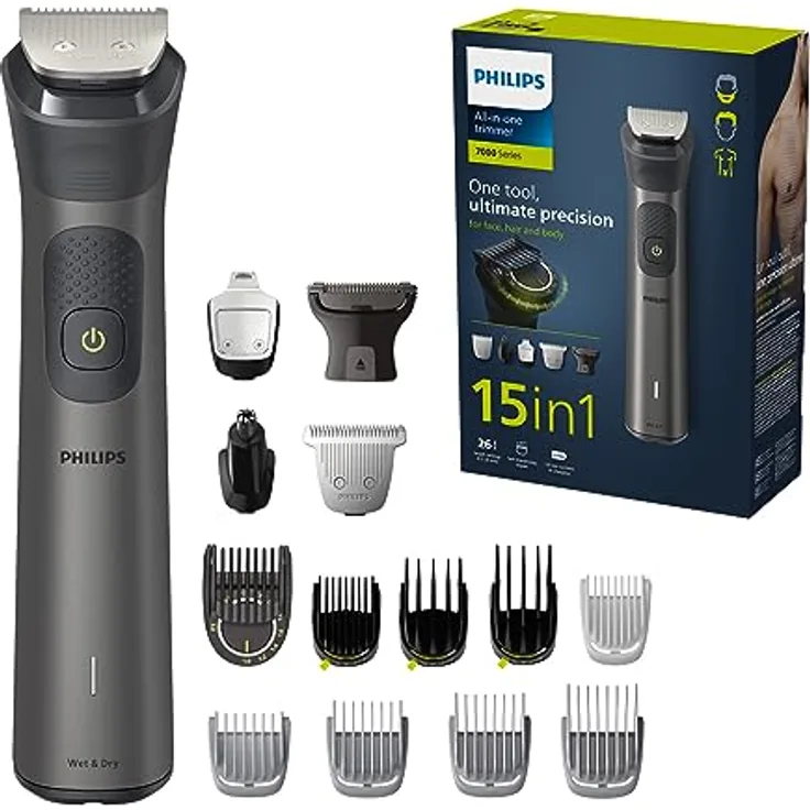 Philips Multigroom Series 7000, All-in-One-Trimmer, 15-in-1 Barttrimmer und Haarschneider für Gesicht, Kopf und Körper - ein Tool mit 26 Längeneinstellungen (0.5-20 mm) (Modell MG7950/15)