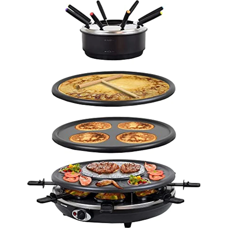 Syntrox Germany RAC-1350W-Waadt 4 in 1 Raclette Grill Fondue Heißer Stein für 8 Personen, Edelstahl Design – Bild 1