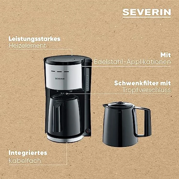 SEVERIN Filterkaffeemaschine mit 2 Thermokannen, Kaffeemaschine für bis zu 8 Tassen je Kanne, Filtermaschine mit 2 Isolierkannen, schwarz, KA 9308 – Bild 4