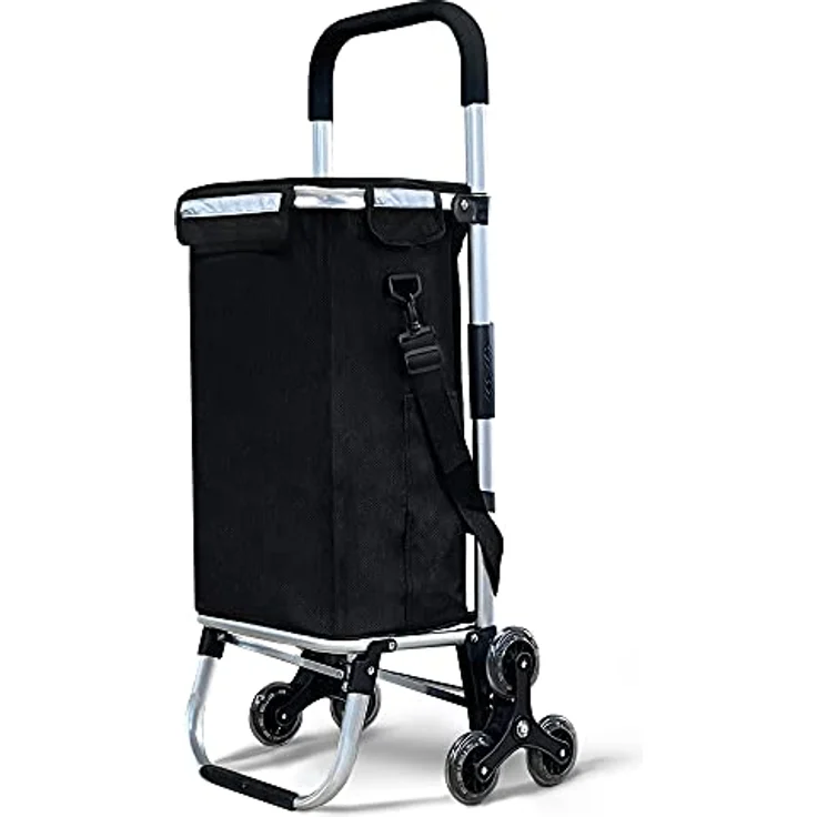 VOUNOT Aluminium Einkaufstrolley Treppensteiger, Trolly Einkaufswagen Klappbar, Hackenporsche mit 6 Räder und Kühlfach, Wasserdicht, 50L, Schwarz – Bild 1