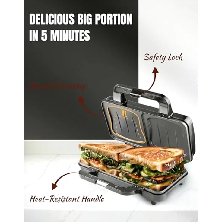 Bestron Sandwichmaker ASM92XLZ, 900 W, XXL für 2 American Sandwiches, schwarz, mit Antihaftbeschichtung und automatischer Temperaturregelung – Bild 3