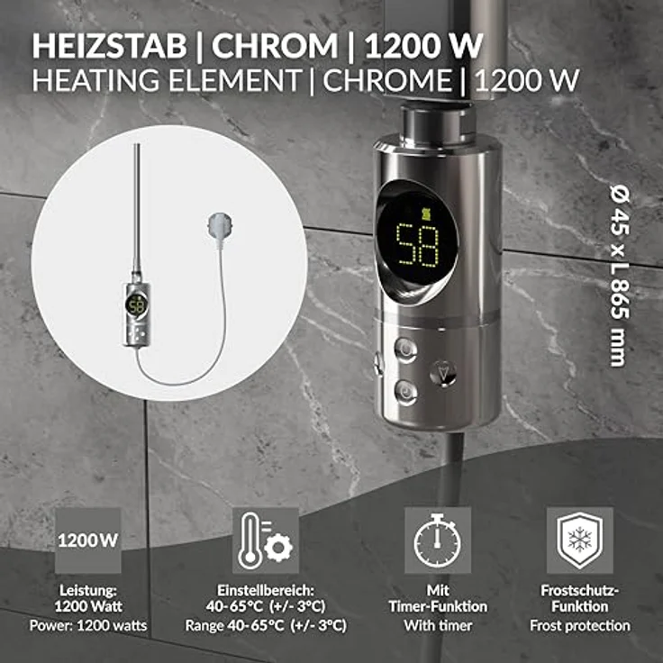 ML-Design Heizstab 1200W Chrom, Elektrowärmer mit Thermostat und LCD Bildschirm, Timer-Funktion – Bild 2